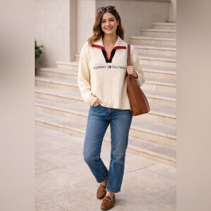 Tommy Hilfiger Vintage 90s Flag Logo Sweater ~ Rhinestone Ribbed Knit ~ Size XL